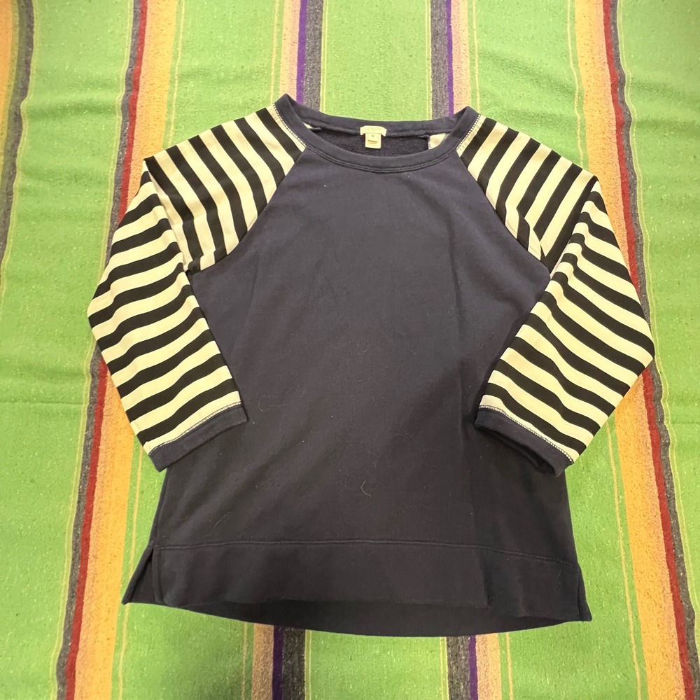 J.Crew Sweatshirt Womens M Navy Blue Striped Raglan Sleeve B3483 French Terry